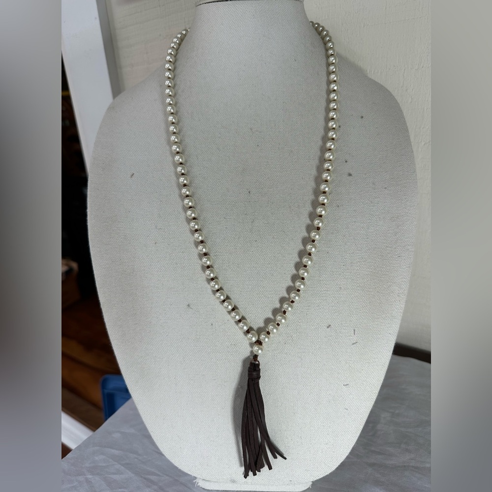 Older hand knotted pearl bead tassel necklace